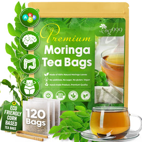 TOG999 moringa tea bags on white background, caffeine-free herbal beverage for daily wellness