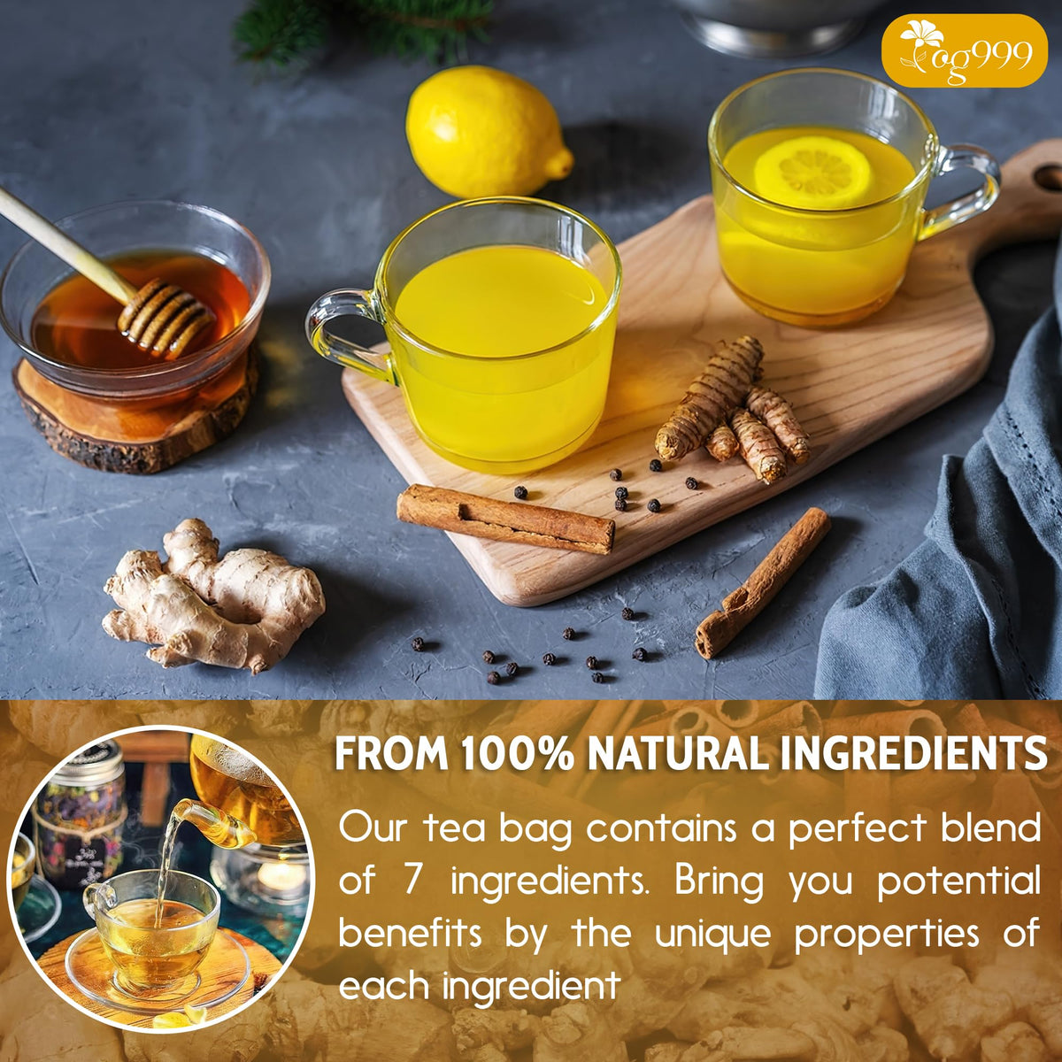 TOG999 biodegradable corn fiber tea bags highlighting eco-friendly packaging.