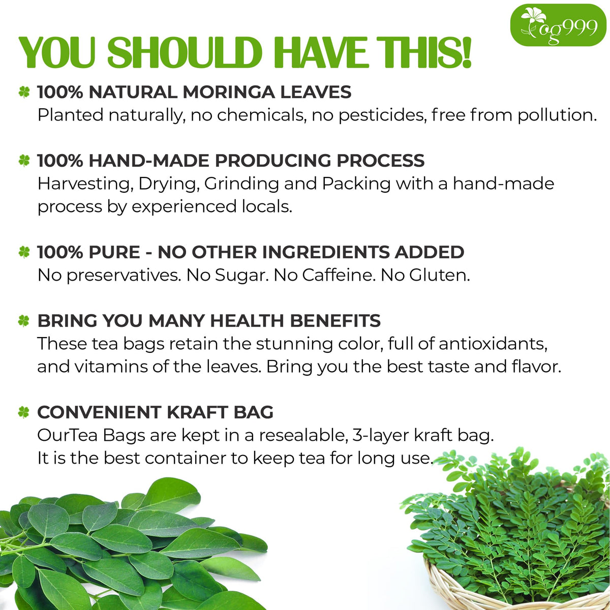 TOG999 natural moringa leaf tea bags closeup highlighting dried leaves and aroma.