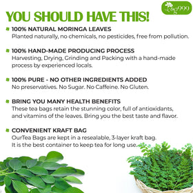 TOG999 natural moringa leaf tea bags closeup highlighting dried leaves and aroma.