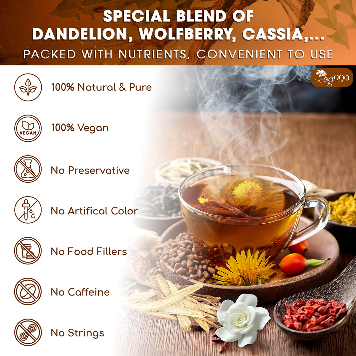 TOG999 Tea label closeup shows natural ingredients and traditional recipe
