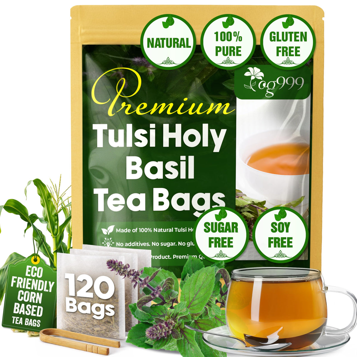 TOG999 premium holy basil tea bags in a 120-count box.