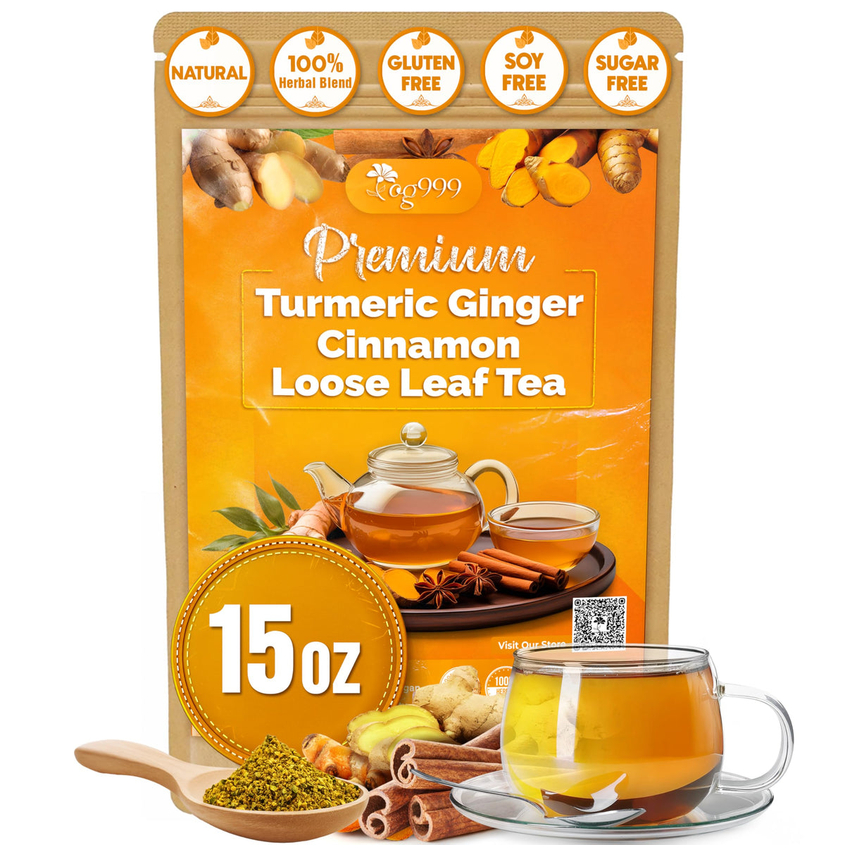 TOG999 premium 15oz ginger turmeric cinnamon loose-leaf tea pack for comforting evenings.