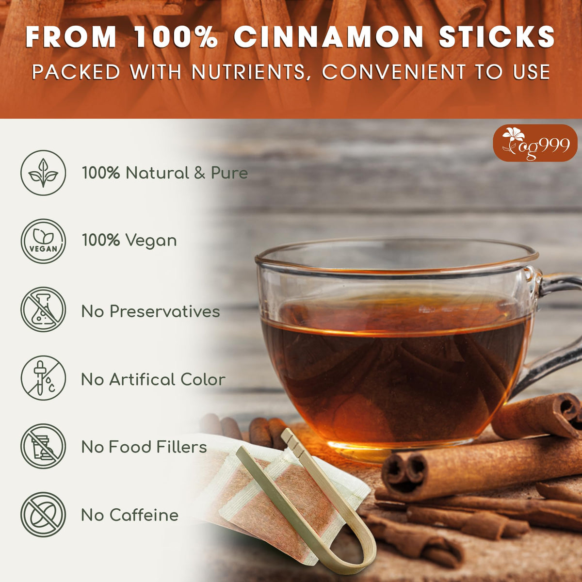 TOG999 premium cinnamon tea bags in cup ready for cozy evenings.