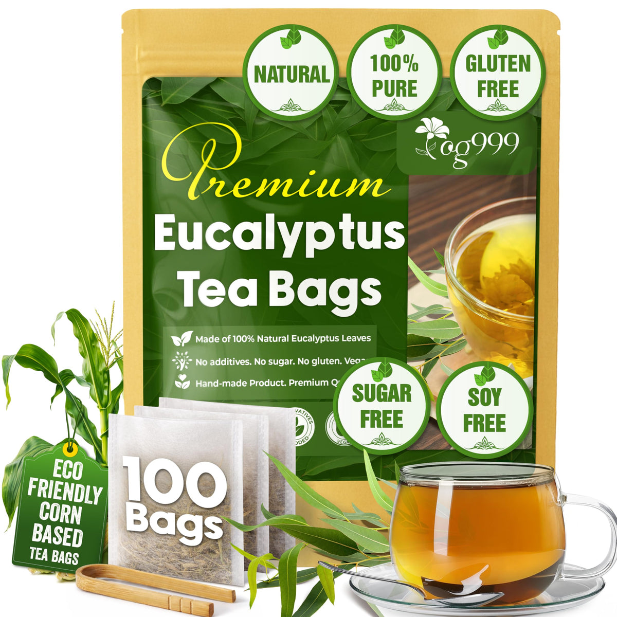 TOG999 premium eucalyptus tea bags packaging, natural and clean design.