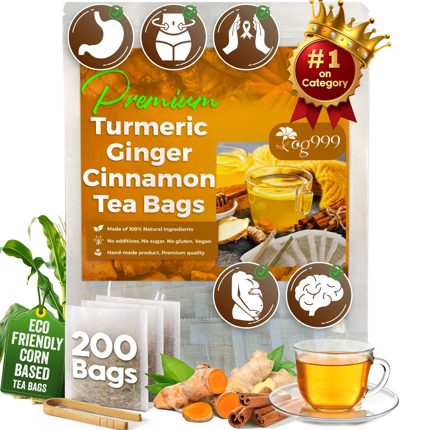 TOG999 turmeric-ginger-cinnamon tea bags close-up for a flavorful daily ritual.