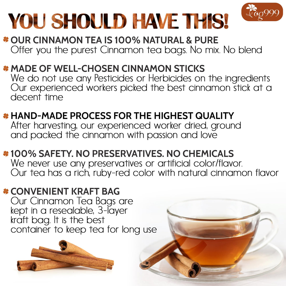 TOG999 special cinnamon tea bags close-up highlighting aromatic spices and natural ingredients.