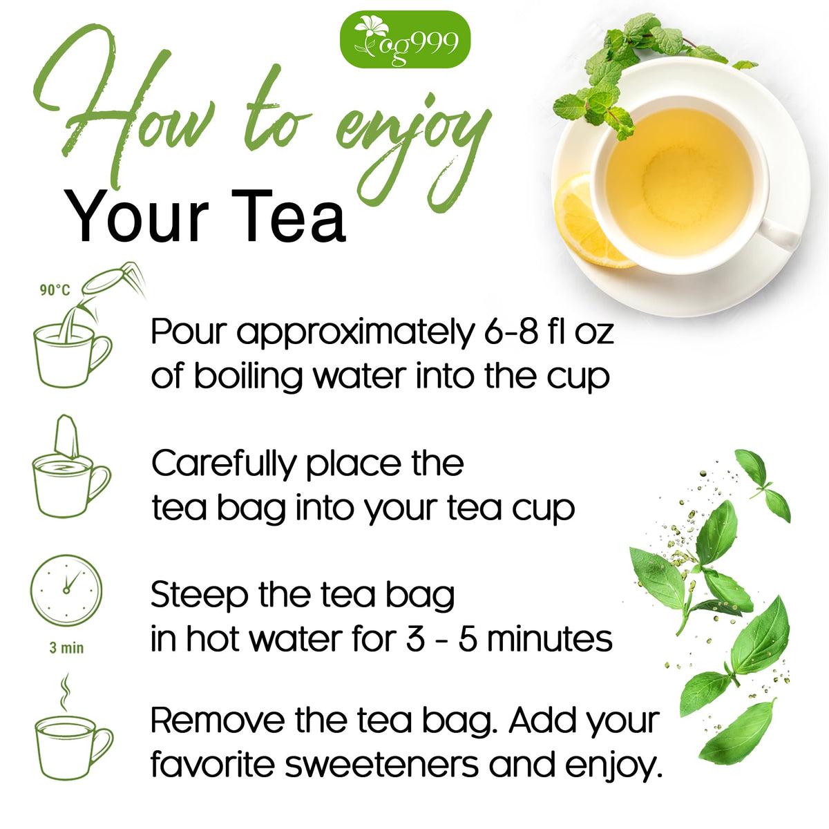 TOG999 tea cup with steaming moringa infusion, caffeine-free comfort any time