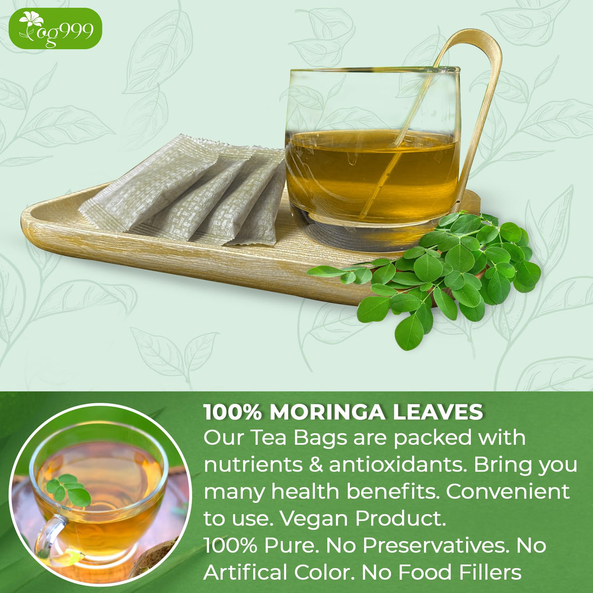 TOG999 sun-dried moringa leaves tea showing vibrant color and fresh infusion.