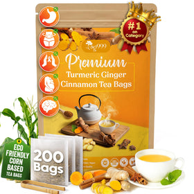 TOG999 turmeric-ginger-cinnamon tea bag packaging close-up, eco-friendly design for sustainable tea.