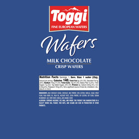 Toggi milk chocolate wafers close-up, crisp wafers meet creamy chocolate for a refined bite.