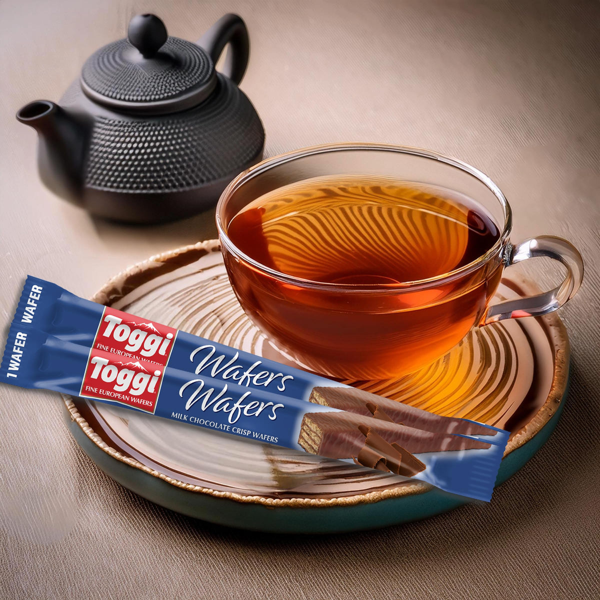 Toggi milk chocolate wafers snack-time shot, quick energy for busy days.