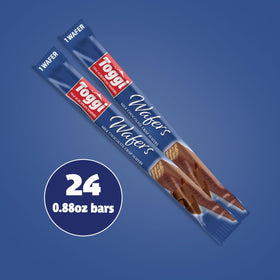 Toggi milk chocolate wafers stack, thin layers deliver satisfying crunch and smooth sweetness.