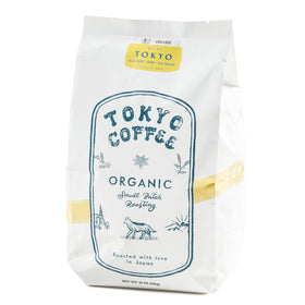 Tokyo Coffee Organic Blend bag shows premium whole beans ready for home brewing.
