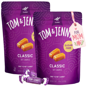 Tom & Jenny's sugar free caramel candy close-up of soft caramel with sea salt and vanilla; keto-friendly bite