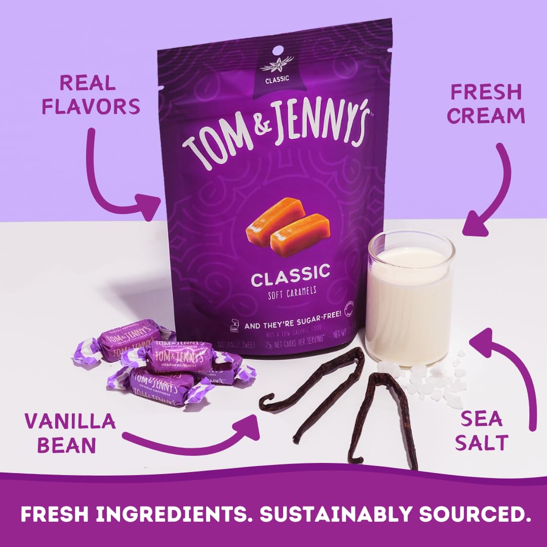 Tom & Jenny's zero-sugar caramel bites; sea salt and vanilla flavor, dentist-friendly