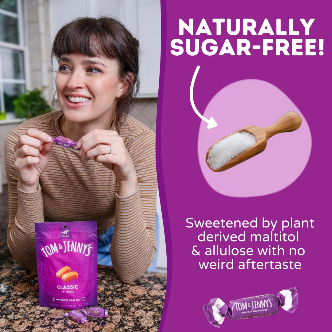 Tom & Jenny's chewy caramel with sea salt; allulose and maltitol, low net carbs