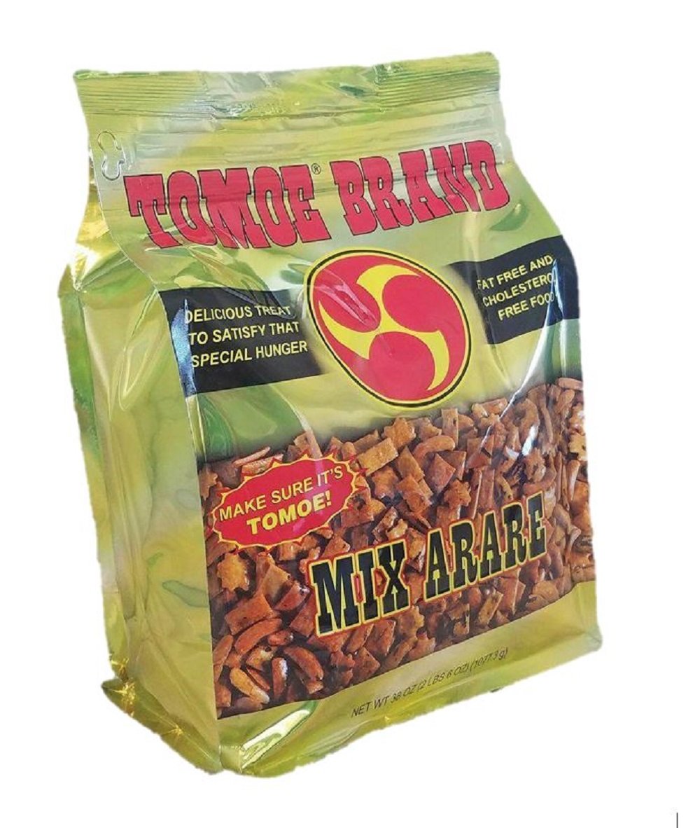 Tomoe Brand Hawaiian Mix Arare crackers in bag close-up for savory crunch.