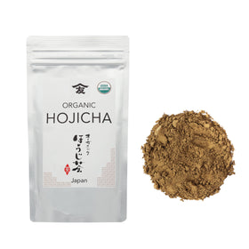TOMOSAN Hojicha loose leaf tea with premium leaves for a smooth, low-caffeine cup.