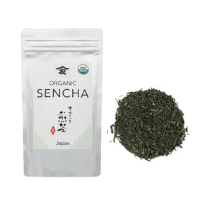 TOMOSAN Organic Sencha close-up leaves, vibrant color and aroma ideal for a refreshing morning cup.