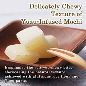 TOMOSAN Yuzu Mochi texture closeup highlighting soft, chewy rice cake with real yuzu paste.