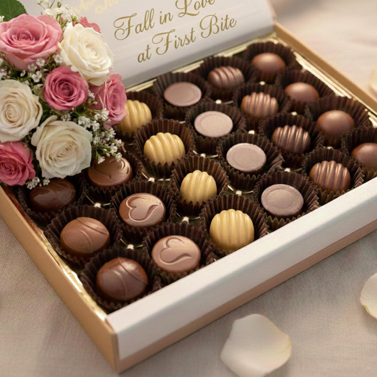 Tom's Chocolates bonbons close-up with glossy shells and fillings
