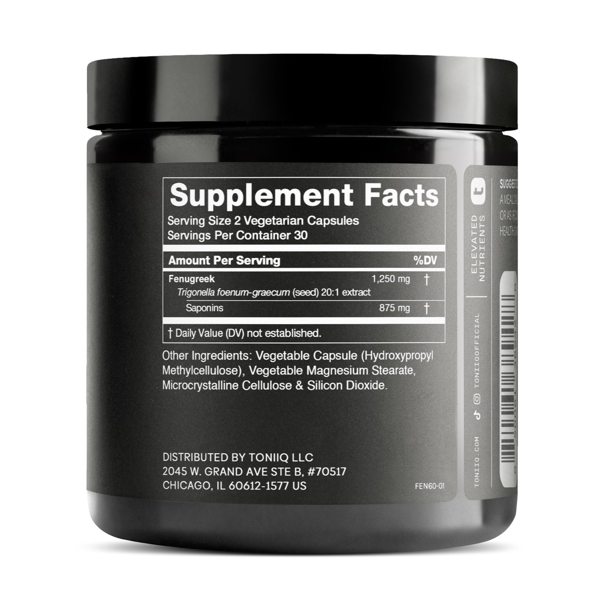 Toniiq Fenugreek capsules label close-up highlights 70% saponins potency.