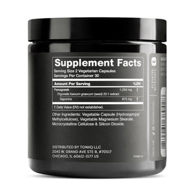 Toniiq Fenugreek capsules label close-up highlights 70% saponins potency.