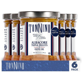Tonnino Albacore Tuna in olive oil glass jar with premium labeling for gourmet meals.