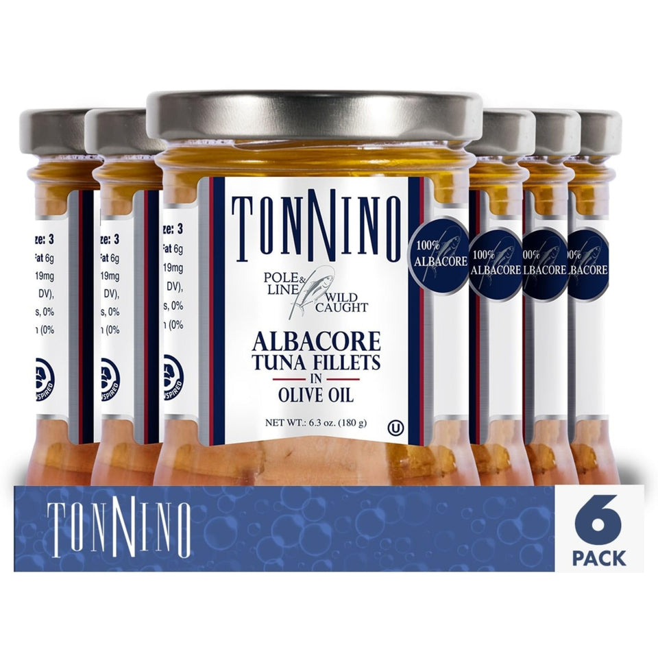 Tonnino Albacore Tuna in olive oil glass jar with premium labeling for gourmet meals.