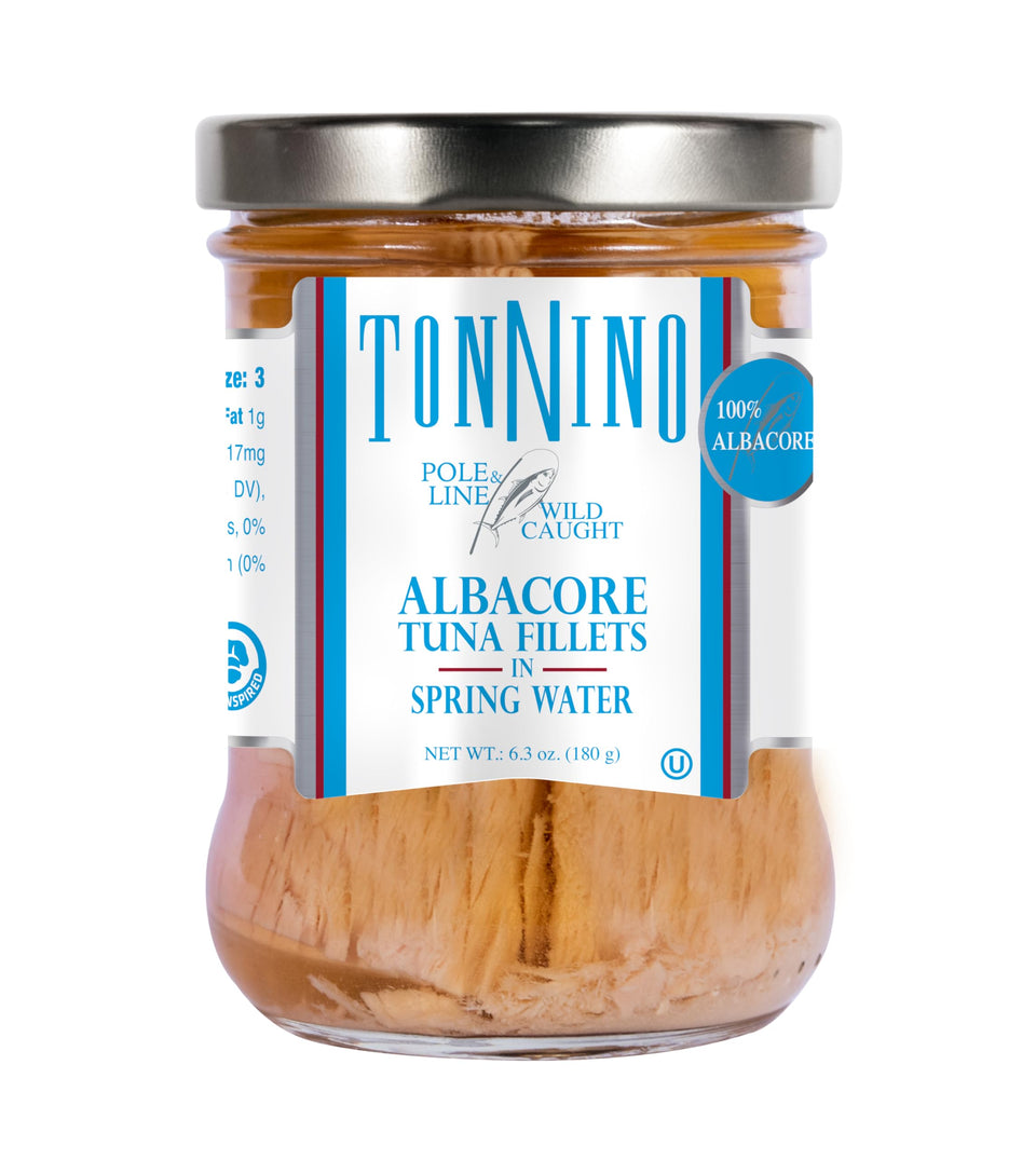 Tonnino Albacore tuna in spring water jar showcasing premium quality and freshness