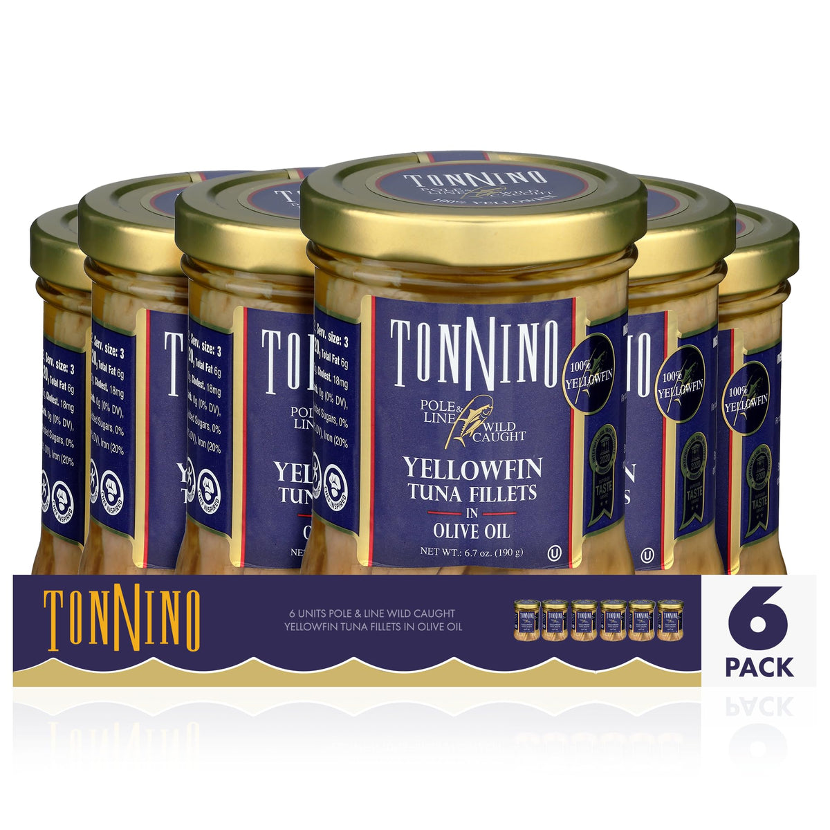 Tonnino ready-to-eat tuna in a glass jar, perfect for quick meals and snacks.