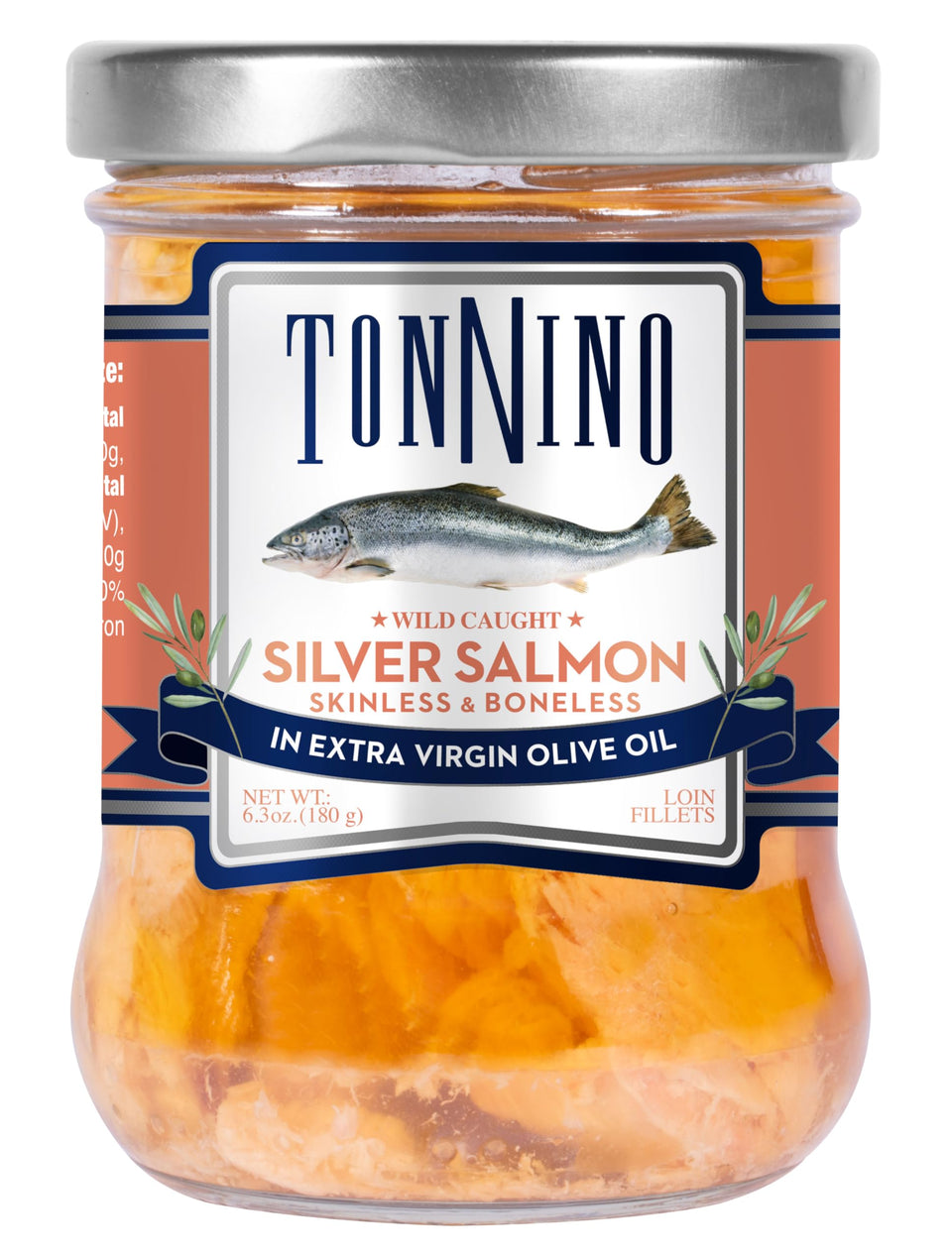 Tonnino Salmon Silver in glass jar with EVOO showing fresh, ready-to-eat quality.