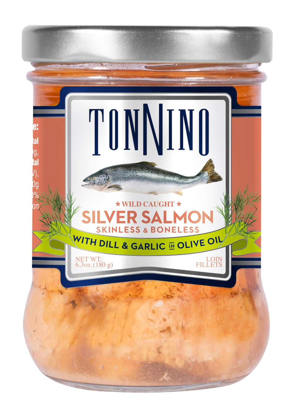 Tonnino Silver Salmon in dill and garlic oil can highlights premium, ready-to-serve flavor