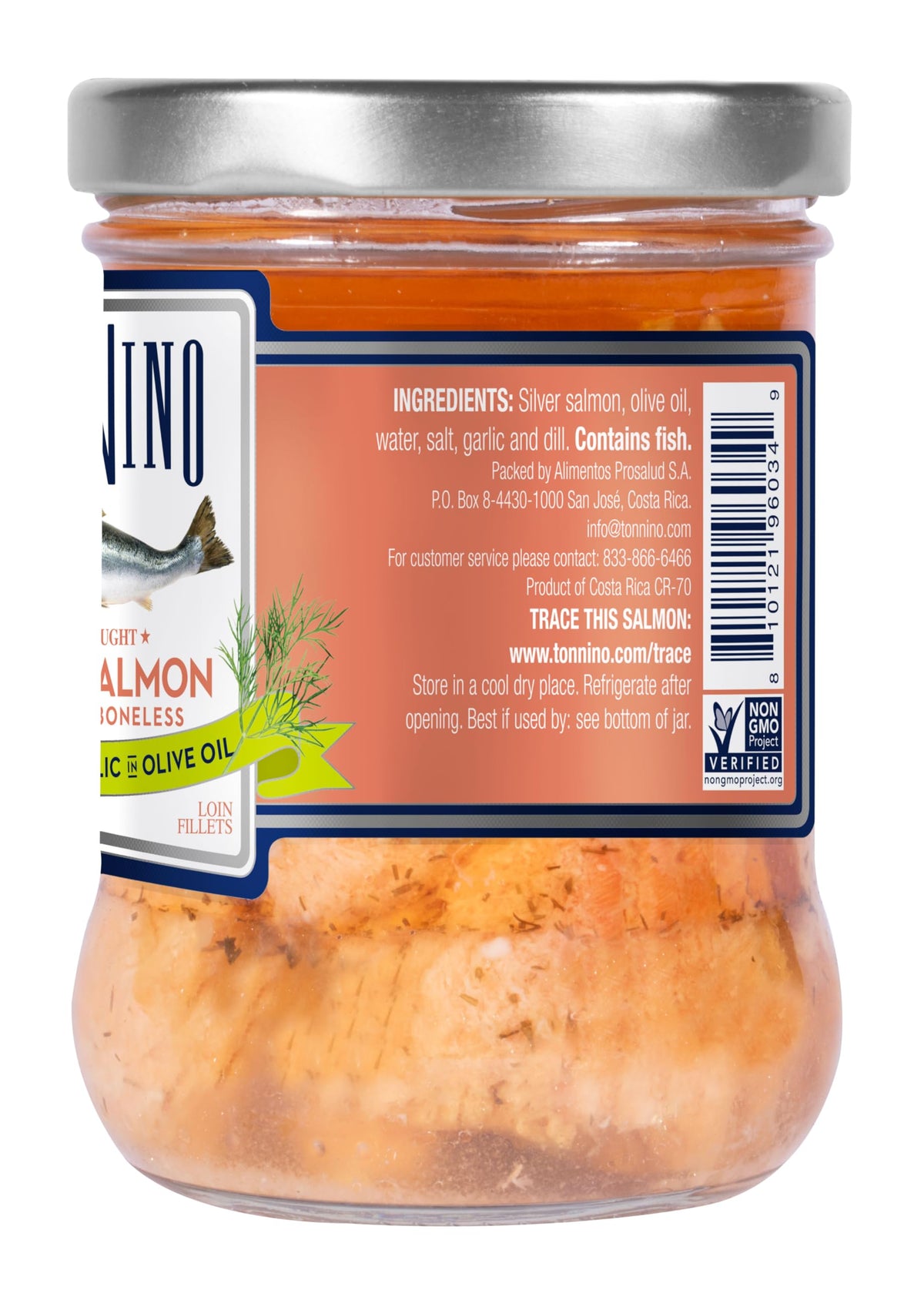 Tonnino Silver Salmon dill-garlic fillet in olive oil showcases gourmet quality