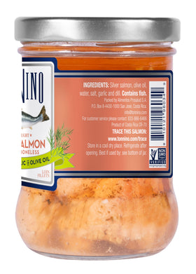 Tonnino Silver Salmon dill-garlic fillet in olive oil showcases gourmet quality