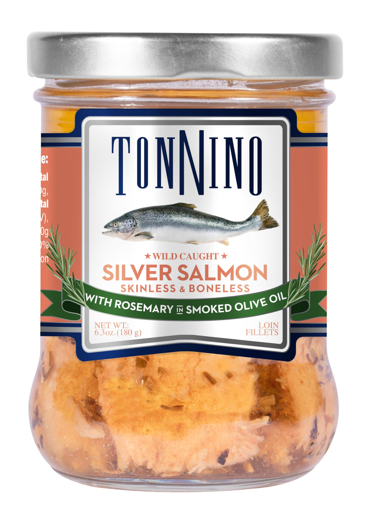 Tonnino Silver Salmon can with rosemary in smoked olive oil, ideal for quick gourmet meals.