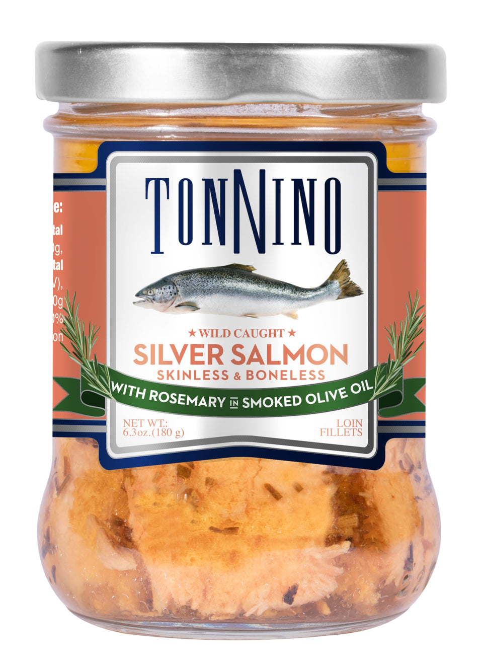 Tonnino Silver Salmon can with rosemary in smoked olive oil, ideal for quick gourmet meals.