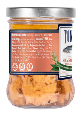 Tonnino Silver Salmon plated with rosemary oil, perfect for elegant dinners.