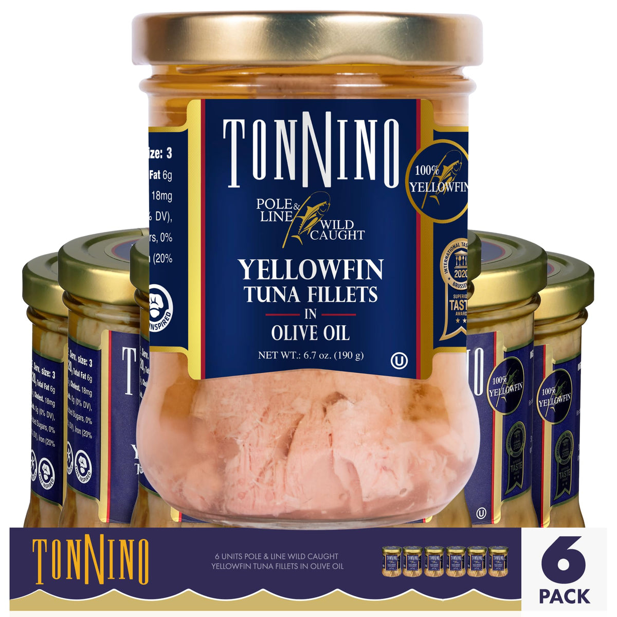 Tonnino Yellowfin tuna in olive oil in a glass jar for premium flavor and convenience.