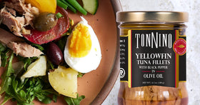 Tonnino Yellowfin Tuna with black pepper in a glass jar for bold flavor.