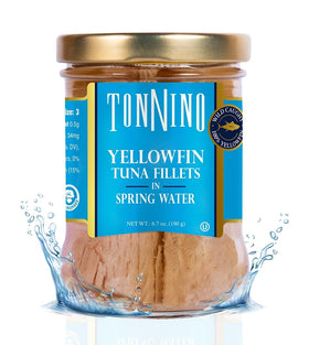 Tonnino Yellowfin Tuna in a glass jar showcases premium protein for salads.