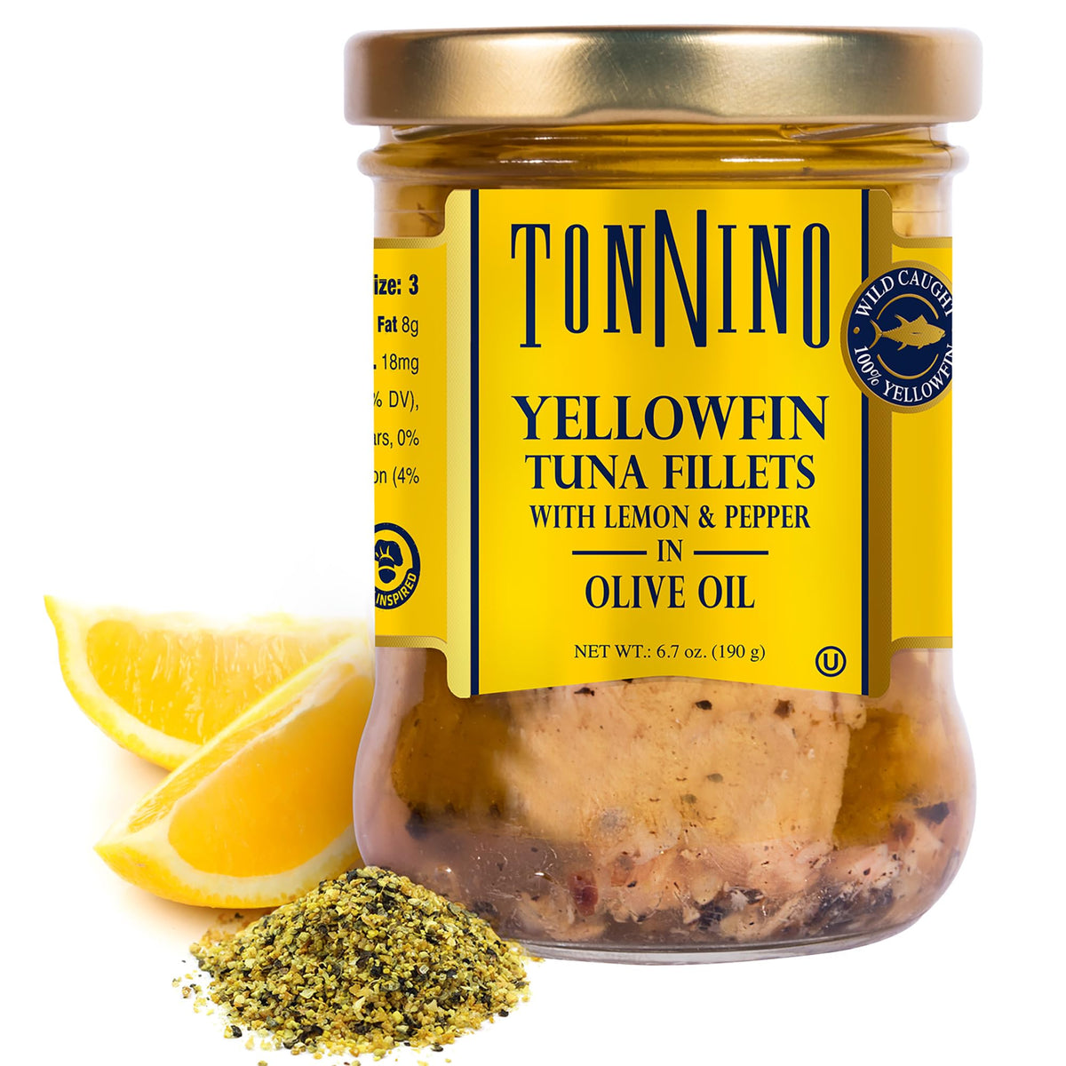 Tonnino yellowfin tuna in olive oil with lemon pepper jar full view for ready-to-eat protein