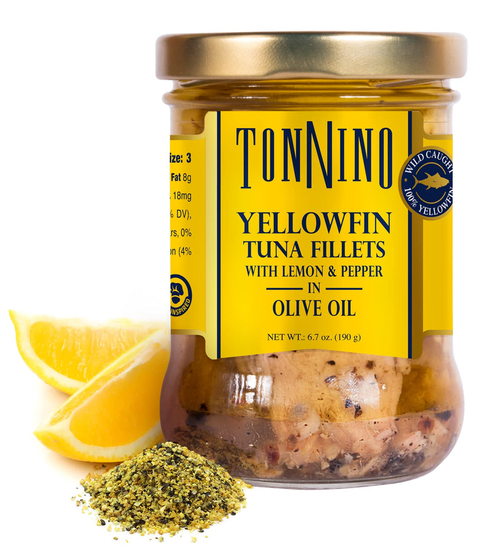 Tonnino Yellowfin Tuna Lemon Pepper in Olive Oil jar—ready to eat
