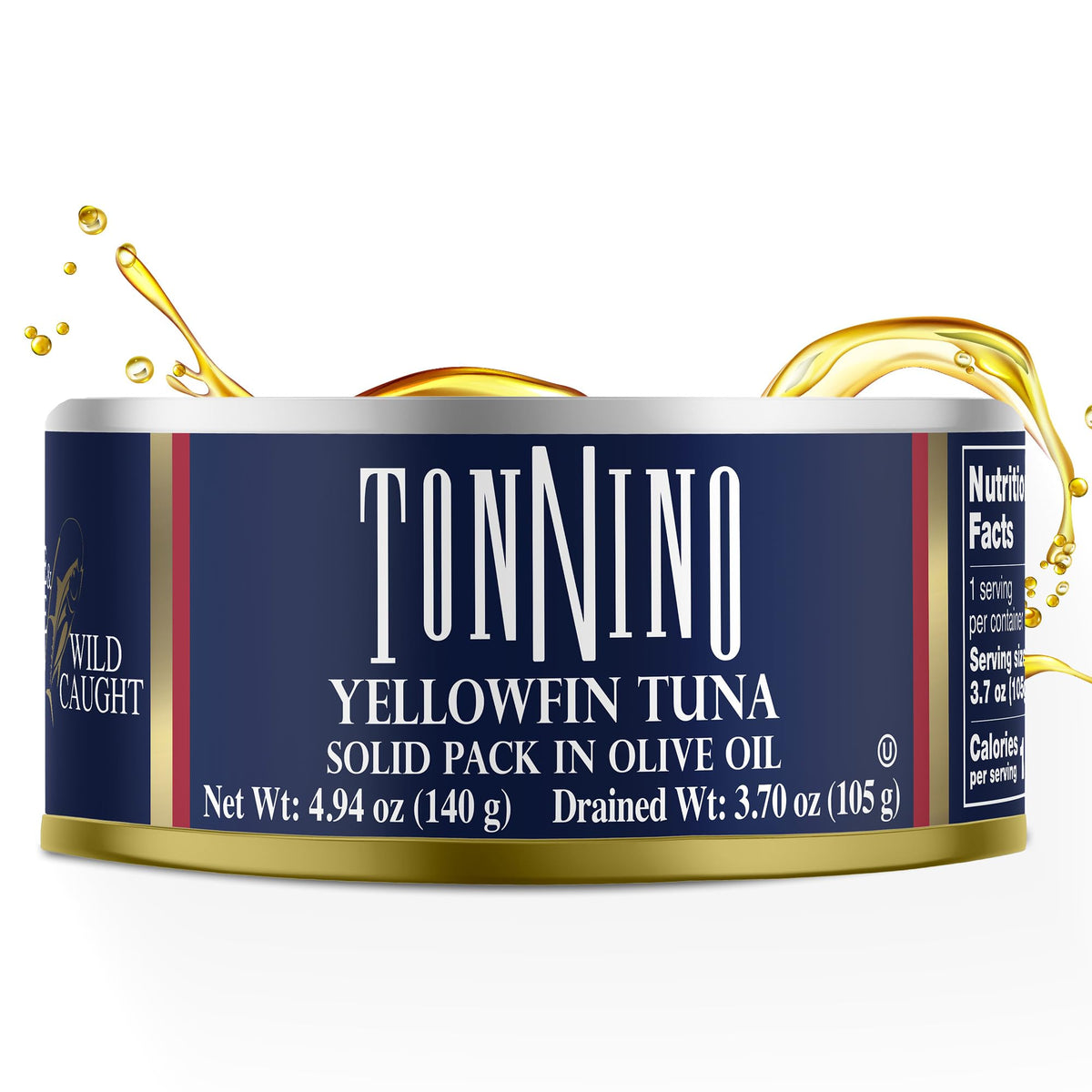 Tonnino olive oil tuna close-up highlights packaging and texture.