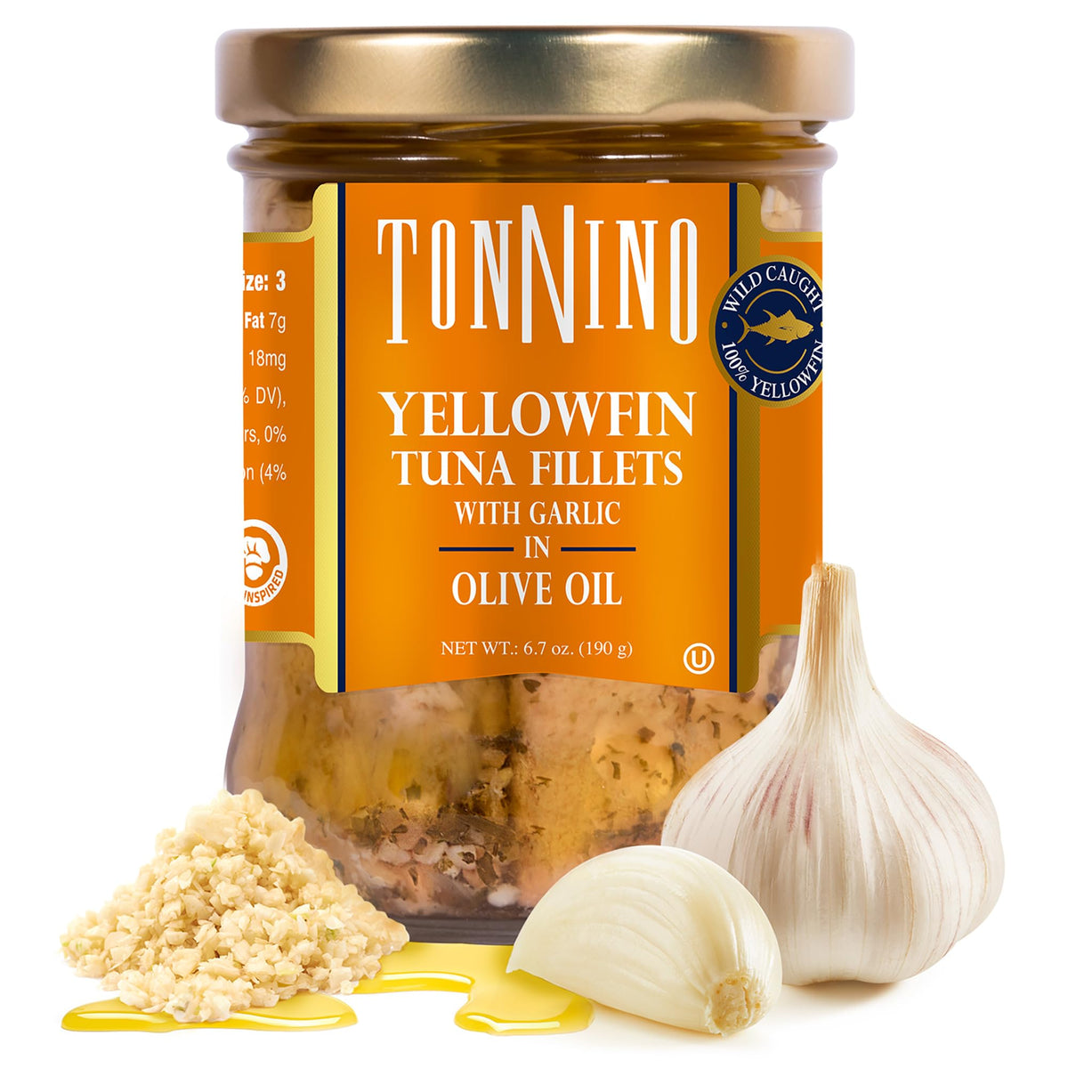 Tonnino Yellowfin tuna in garlic olive oil jar ready for salads.