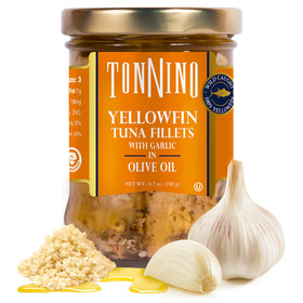 Tonnino Yellowfin tuna in garlic olive oil jar ready for salads.