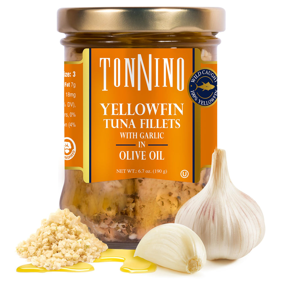 Tonnino Yellowfin tuna in garlic olive oil jar ready for salads.