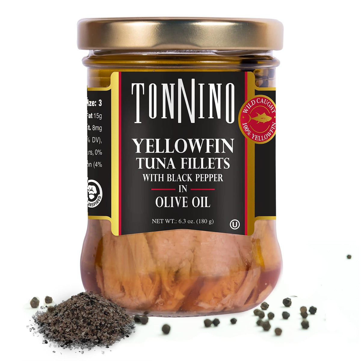 Tonnino Yellowfin Tuna in olive oil in a glass jar, ready to serve.