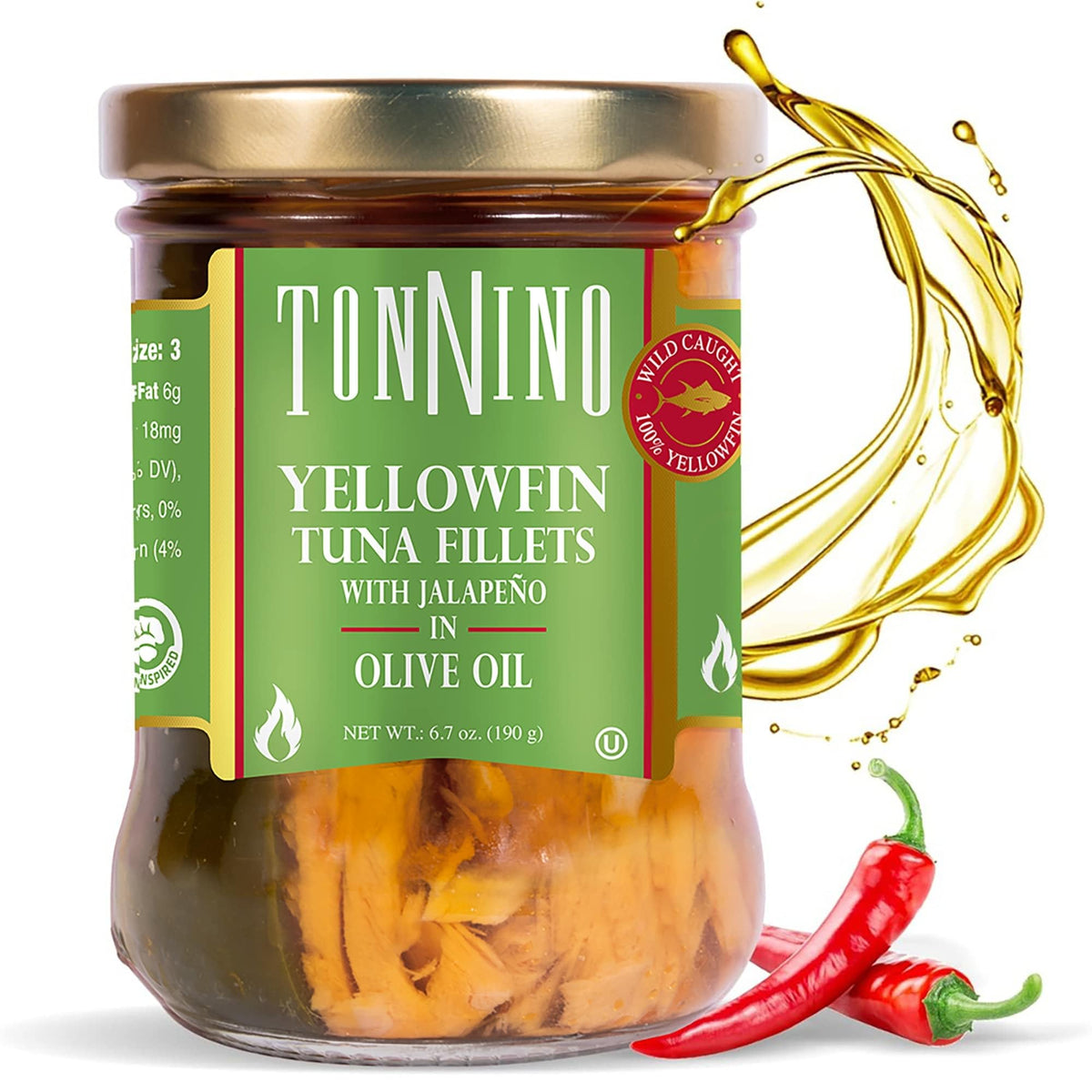 Tonnino yellowfin tuna in olive oil with jalapeño, ready-to-eat protein for quick meals.